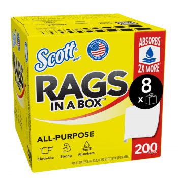 Scott® 75260 Disposable Rag In A Box™, 9 x 12 in, 200, Double Re-Creped, White, 1 Plys